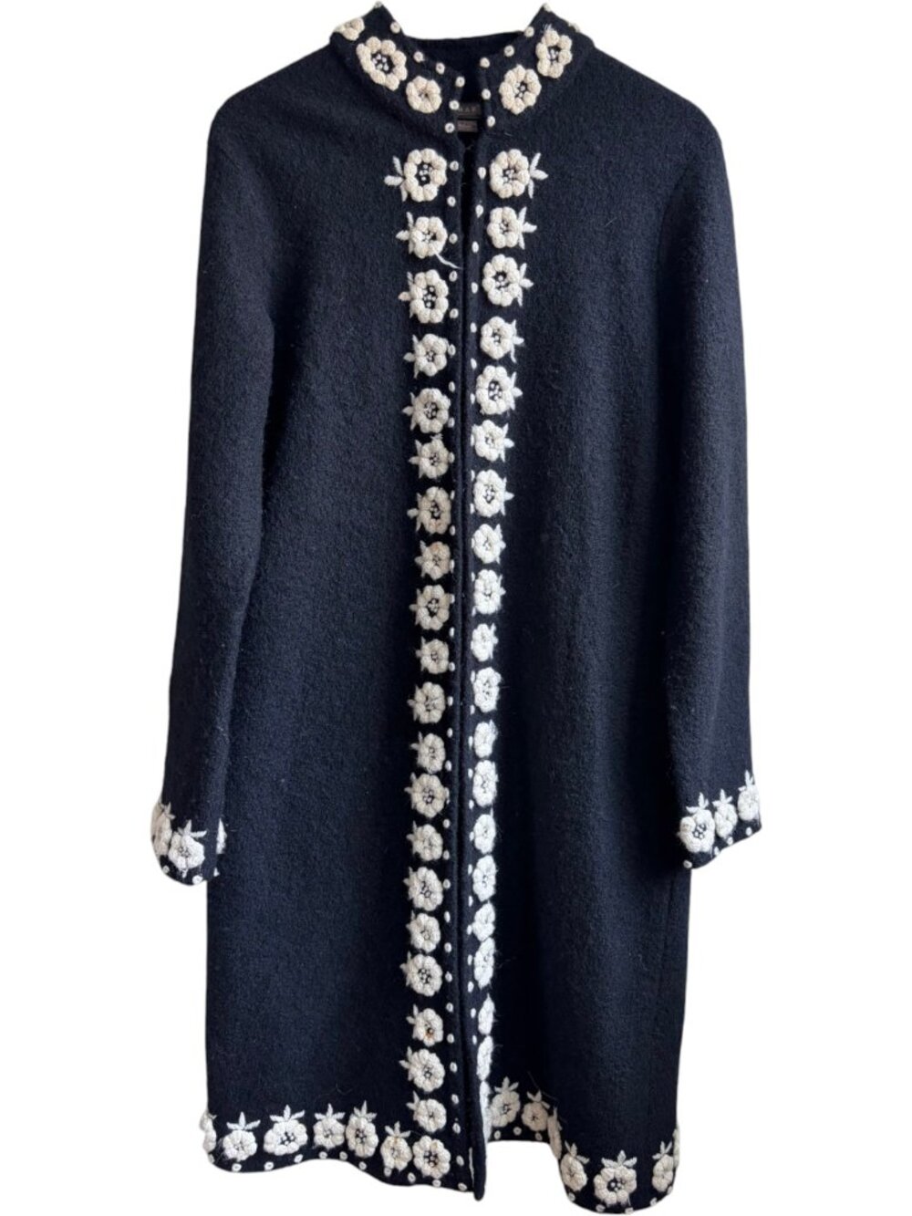 100% Wool Kenar Black Embroidered Floral Open-Front Dress Coat Large